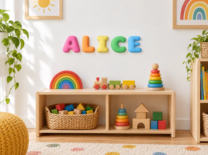Nome Alice em letras bolha 3D coloridas na parede de um cantinho de brincar
