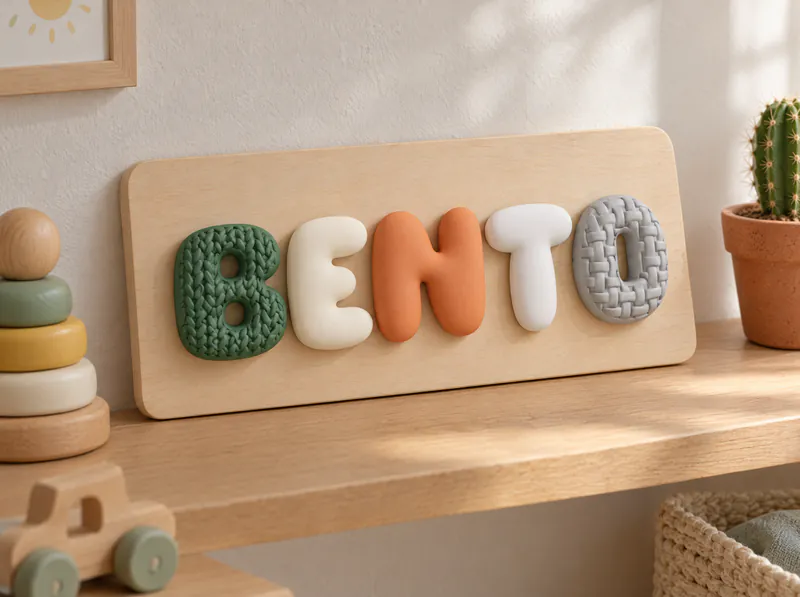 Placa de madeira com o nome Bento em letras bolha 3D numa prateleira