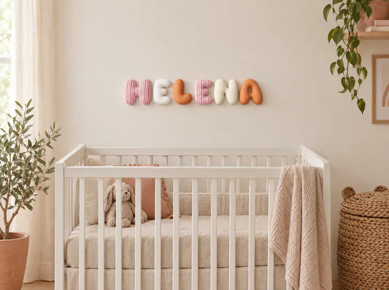 Nome Helena em letras bolha 3D rosa, branca e terracota na parede acima de um berço branco