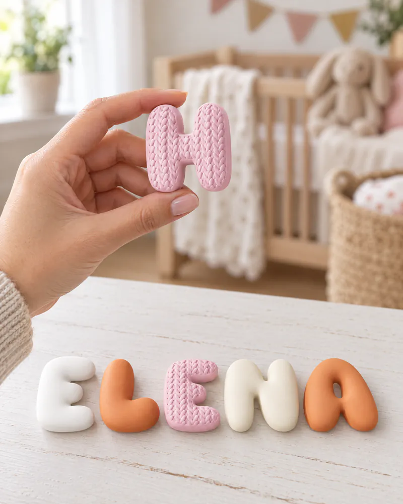 Mão segurando uma letra bolha 3D rosa com textura de tricô, com as outras letras sobre a mesa