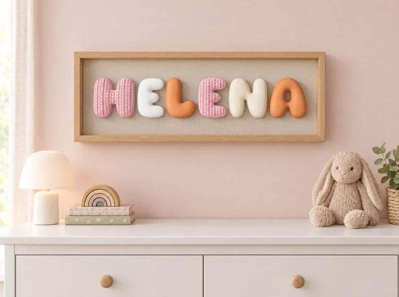 Quadro de madeira com o nome Helena em letras bolha 3D na parede, acima de uma cômoda de quarto de bebê