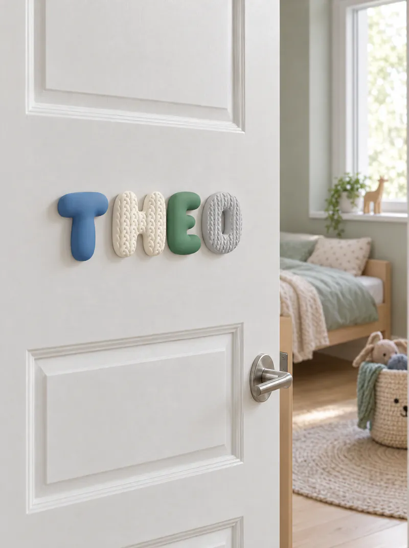 Nome Theo em letras bolha 3D coladas na porta branca de um quarto de criança
