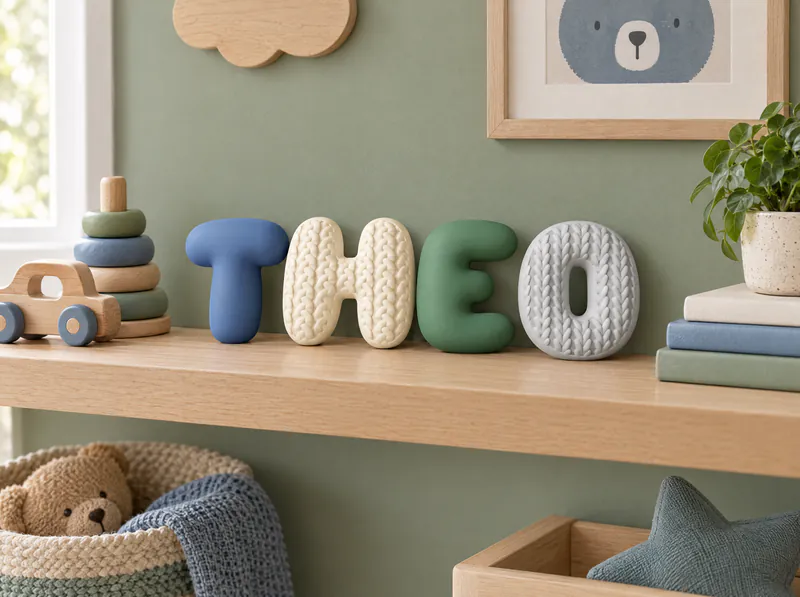 Nome Theo em letras bolha 3D azul, marfim, verde e cinza numa prateleira de quarto infantil, encostadas na parede