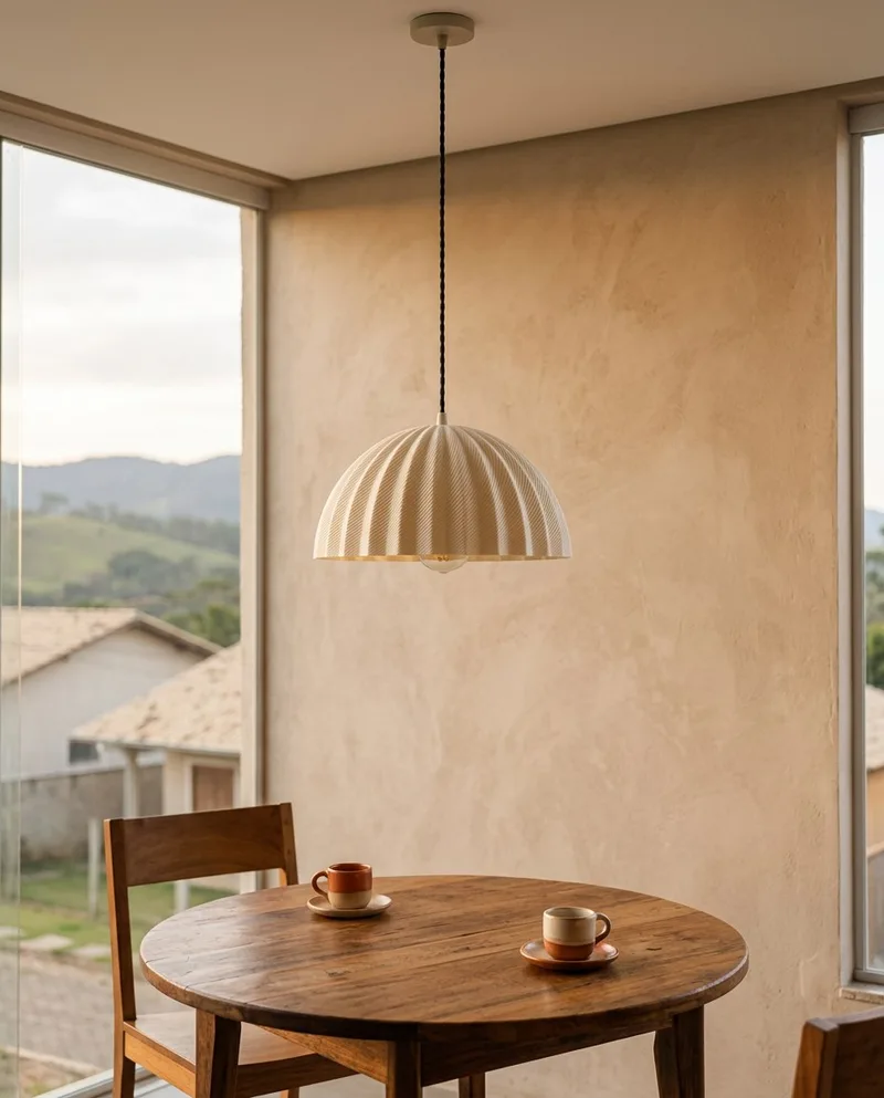 Pêndulo de cúpula plissada off-white apagado sobre uma mesa de madeira com duas xícaras.