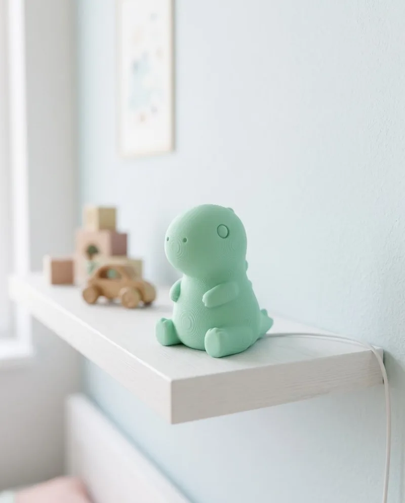 Luz noturna em forma de dinossauro verde menta, apagada, numa prateleira de quarto infantil.